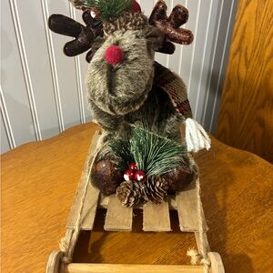 Festive Plush Holiday Moose on Wooden Sled - Rustic Christmas Decor